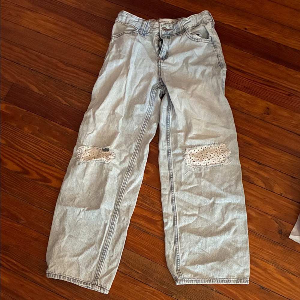 abercrombie kids Light Blue Boyfriend Jeans with Lace Knee Panels